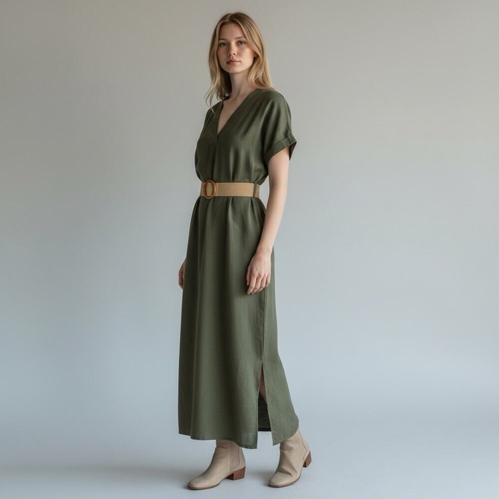 Olive V-Neck Maxi Dress with Belt